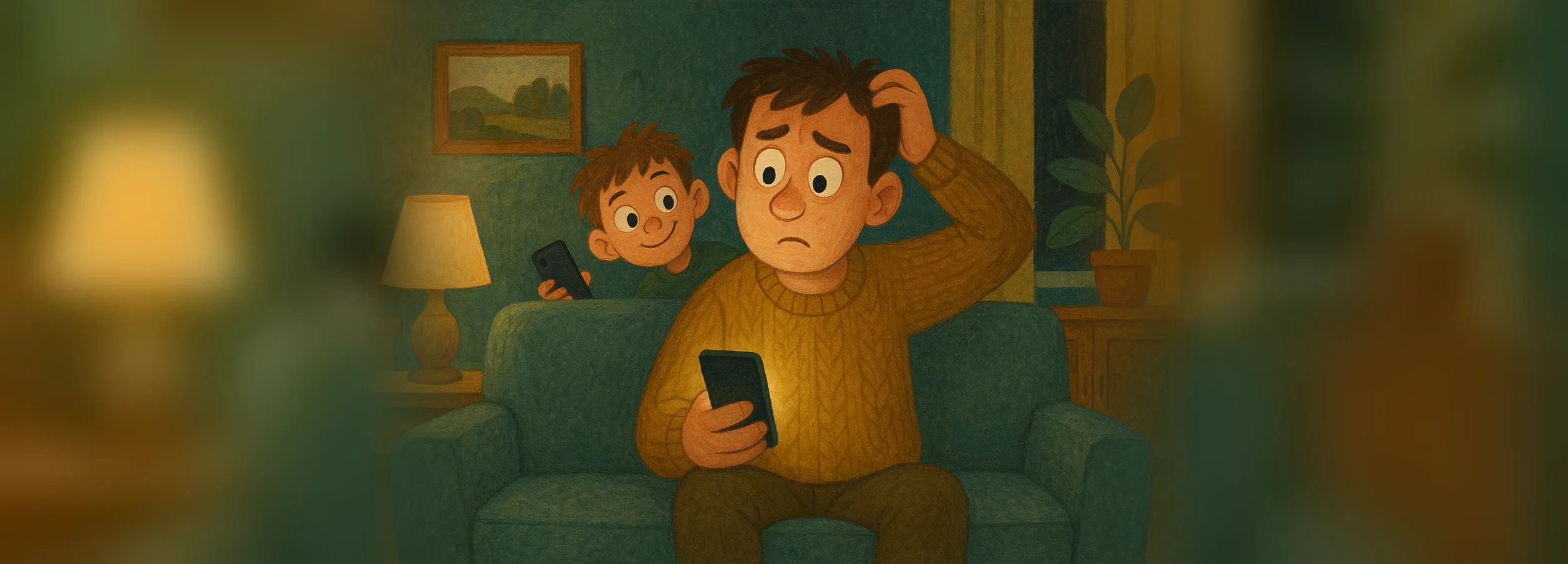 A dad looks at his phone in confusion, trying to remember the passcode, while his son peeks slyly from behind the couch