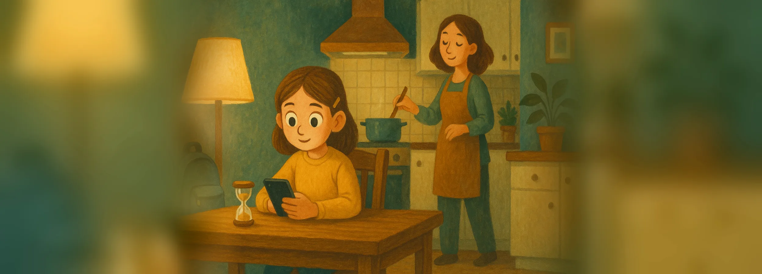 A girl comes home from school and does a lesson on her phone by herself at the kitchen table while her mother cooks dinner in the background