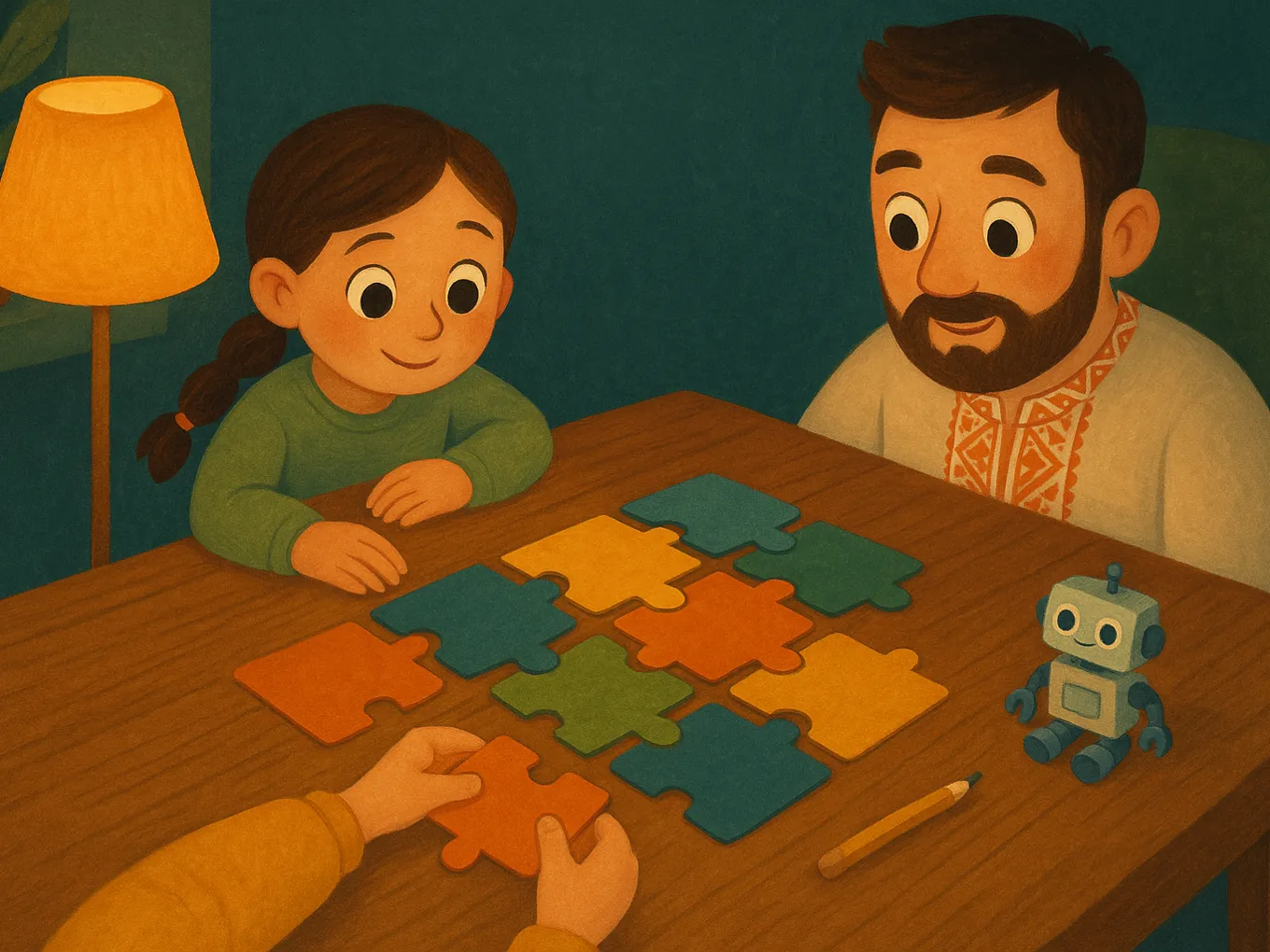A girl and her dad put colorful matching cards into pairs on the table