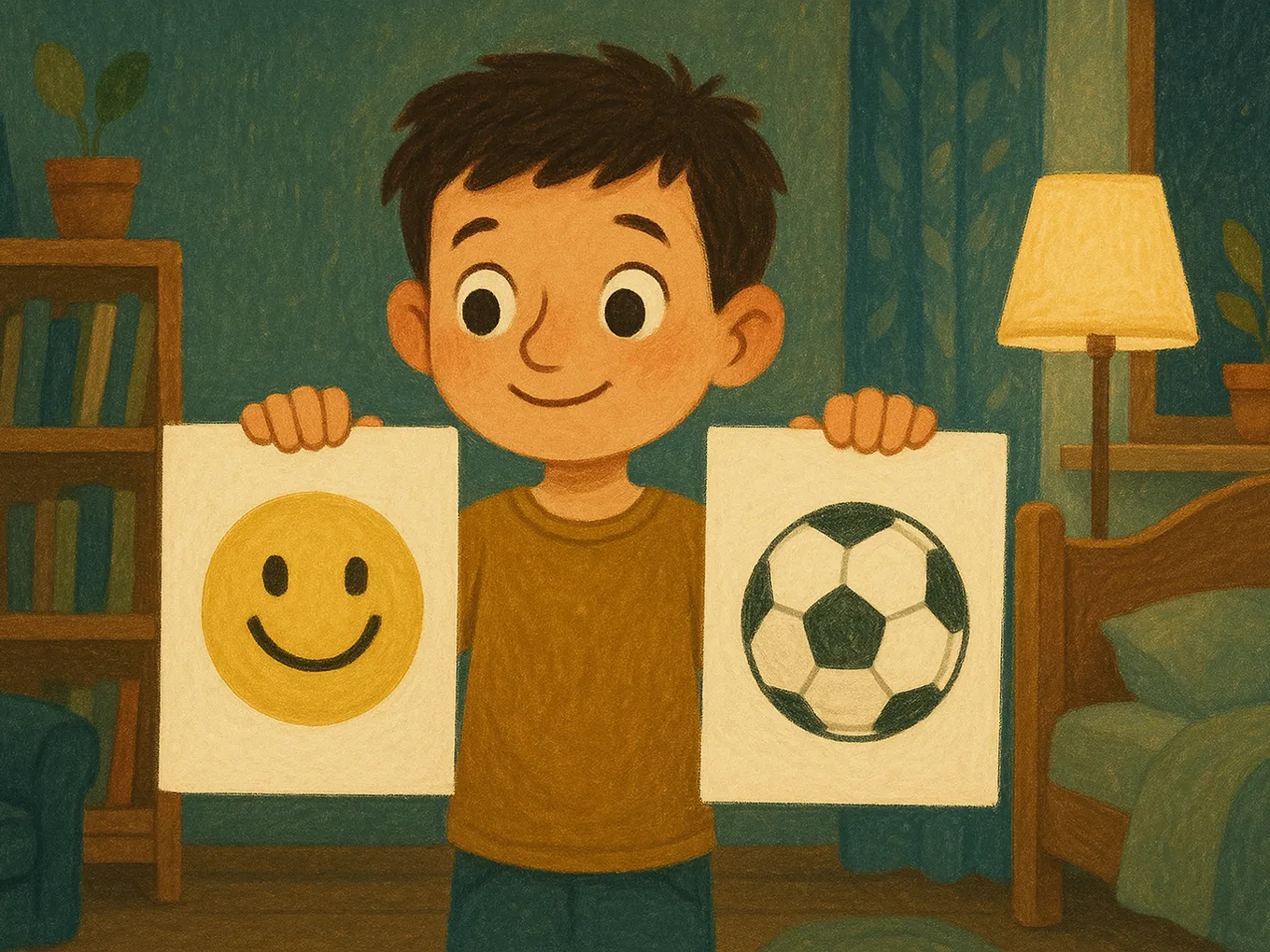 A boy holds two cards: a smiling emoji and a soccer ball