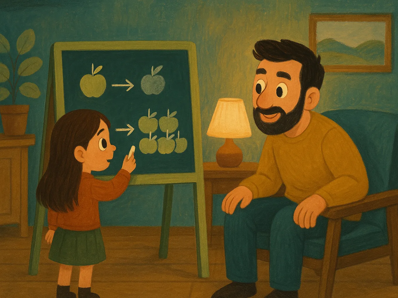 A girl draws arrows on a board from one apple and from a group of apples, while dad watches