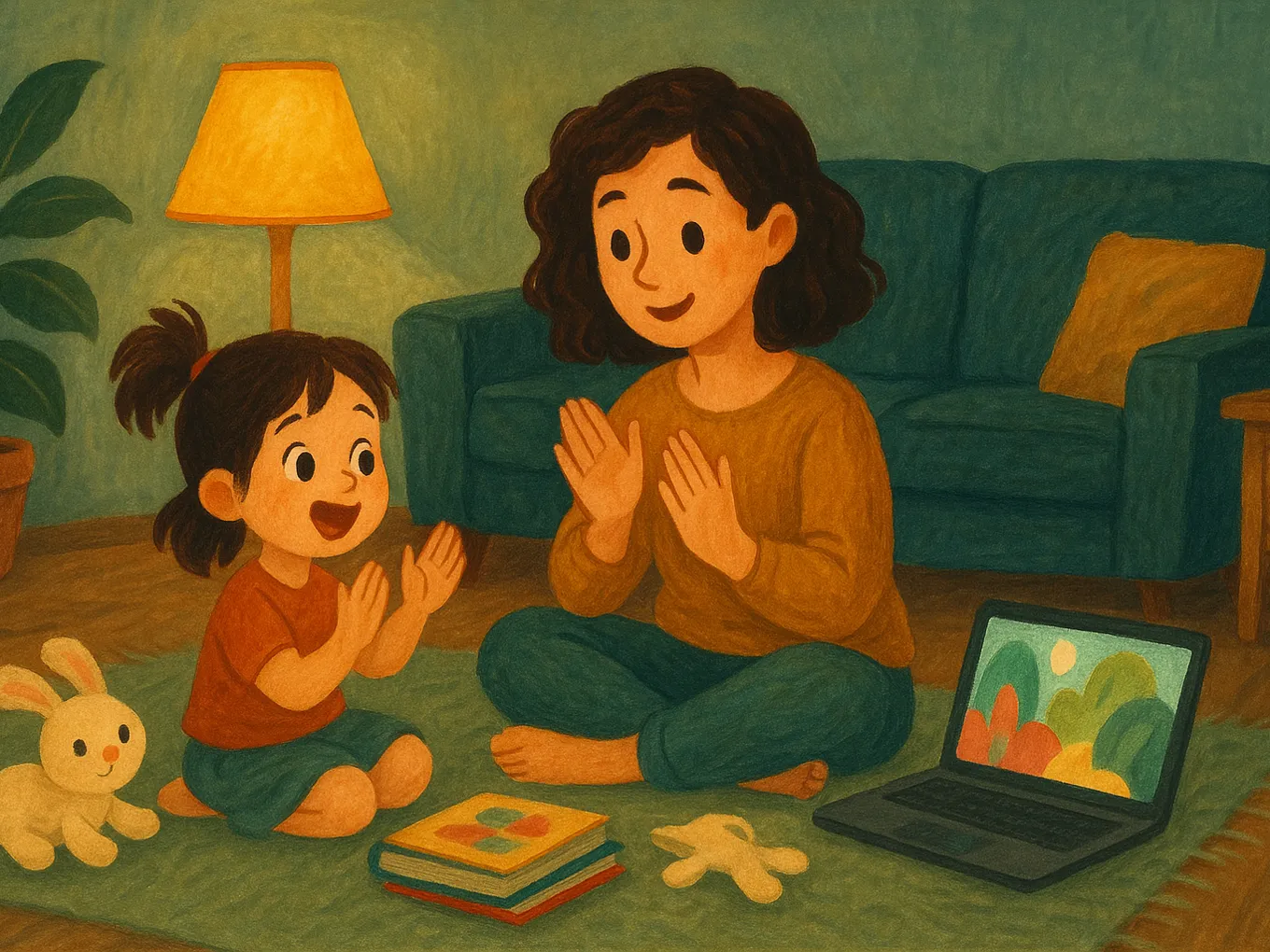 A mother and daughter sing along to a cartoon on a laptop, with picture books nearby