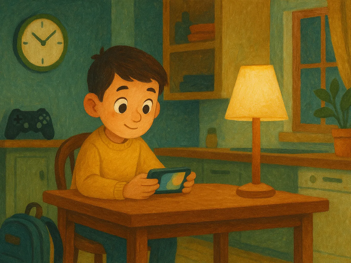 A boy doing a lesson on his phone at the kitchen table after school, with his backpack nearby
