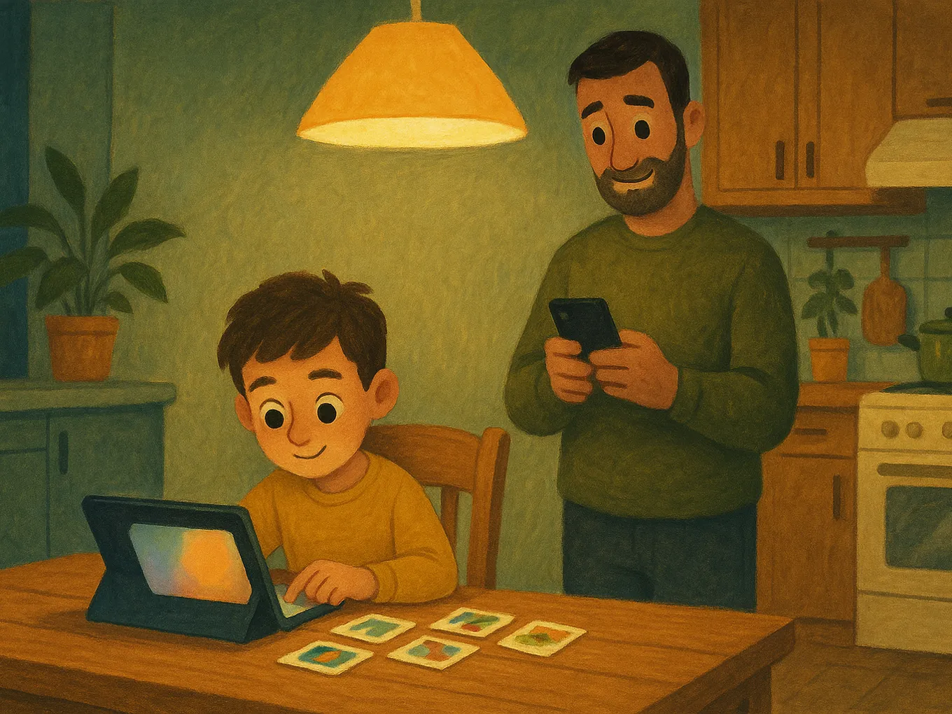 A boy is doing a lesson on a tablet while his dad behind him checks progress on his phone