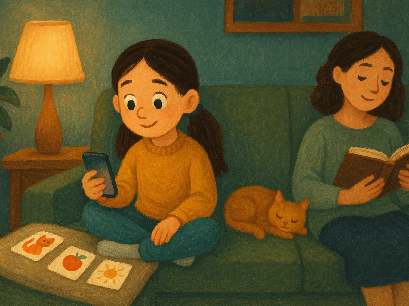 A girl on the couch studying English with a phone and flashcards while her mom reads a book nearby