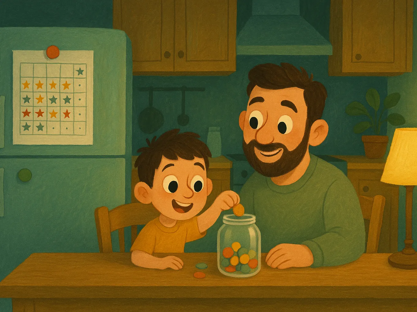 A boy drops a token into a jar, dad stands nearby, and there’s a star chart on the fridge
