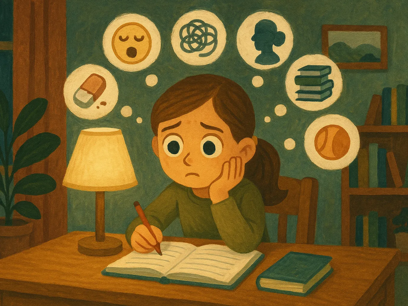 A girl over her notebook, with seven reason bubbles above her head: boredom, fatigue, gadget, teacher