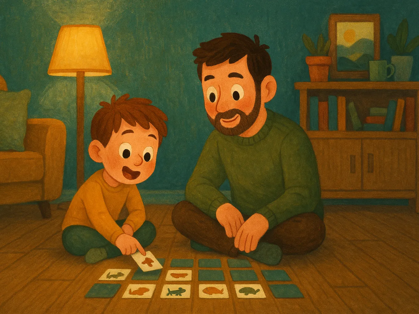 Dad and son playing animal memory cards on the living room floor
