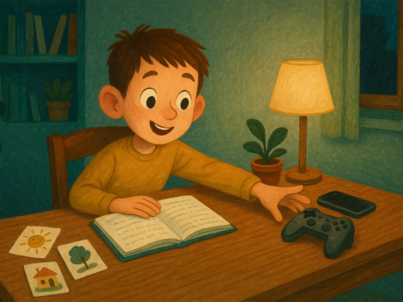 A boy finishes a lesson with cards and reaches for a game controller and a phone