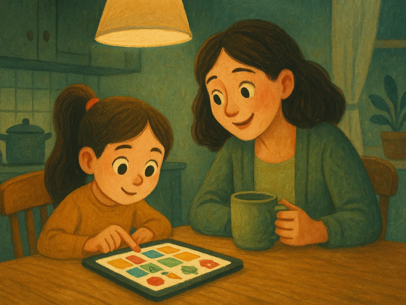 A girl plays a word game on a tablet while her mom sits nearby with a cup of tea