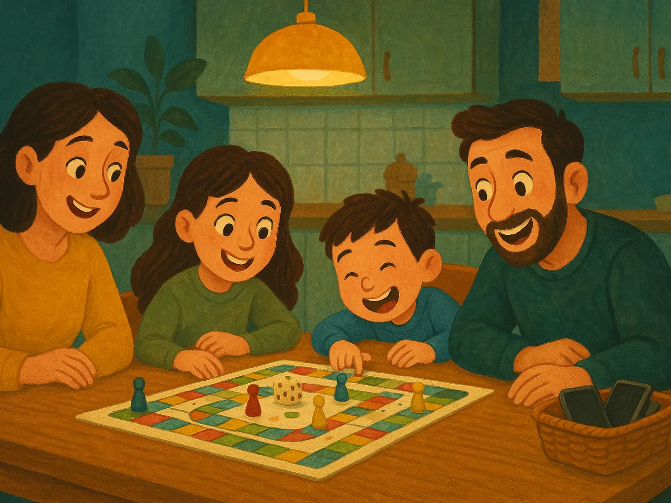 A family plays a board game in the kitchen, with phones lying in a basket to the side
