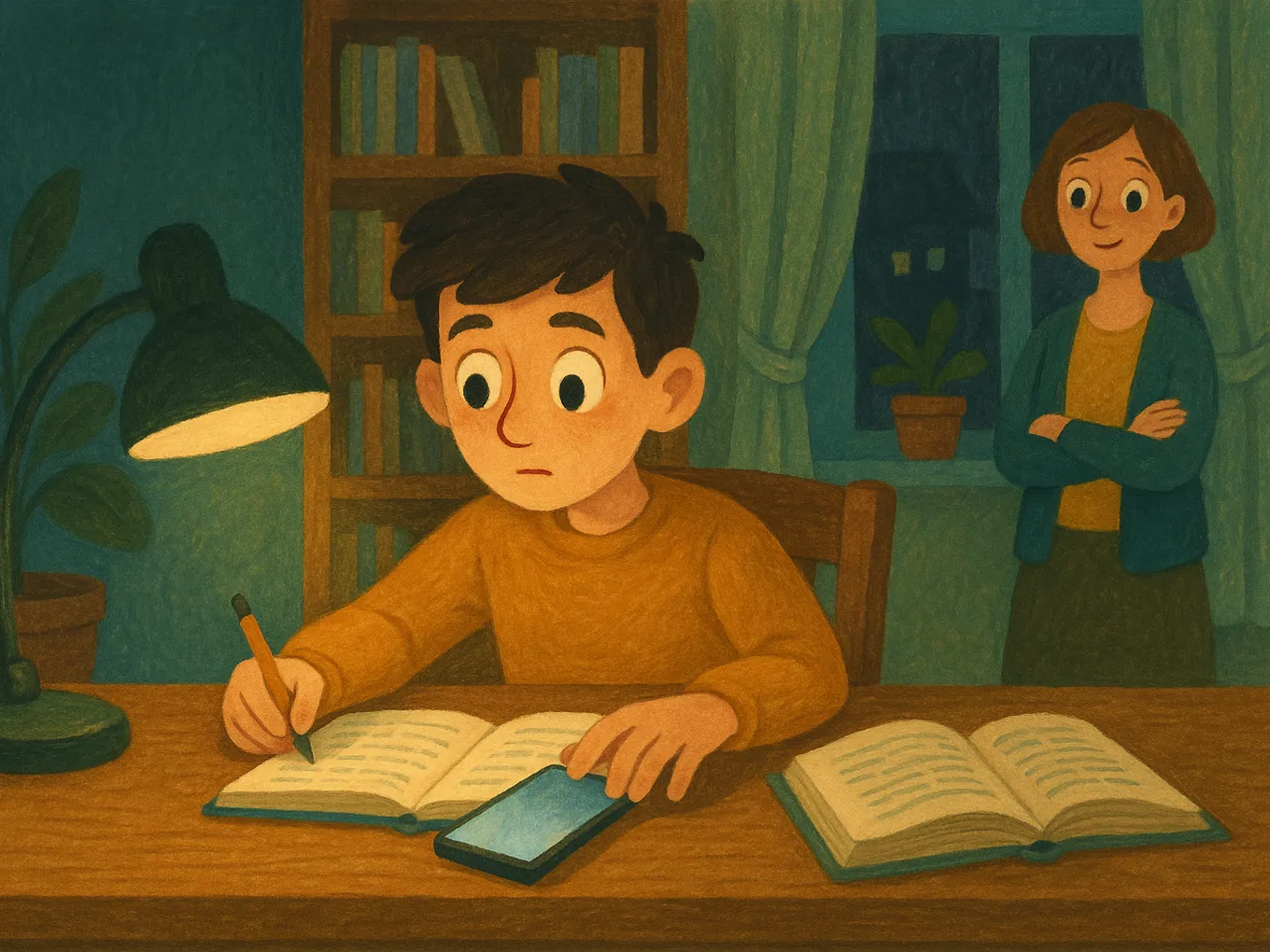 A boy is doing homework, and his hand reaches for the phone next to the notebook