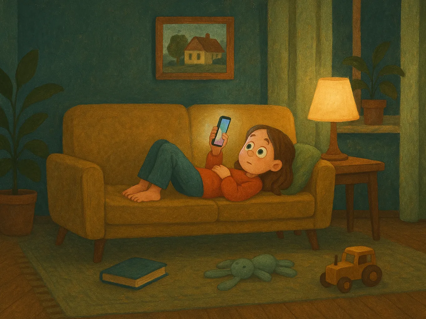 A girl is lying on the sofa and scrolling a feed of short videos on her phone