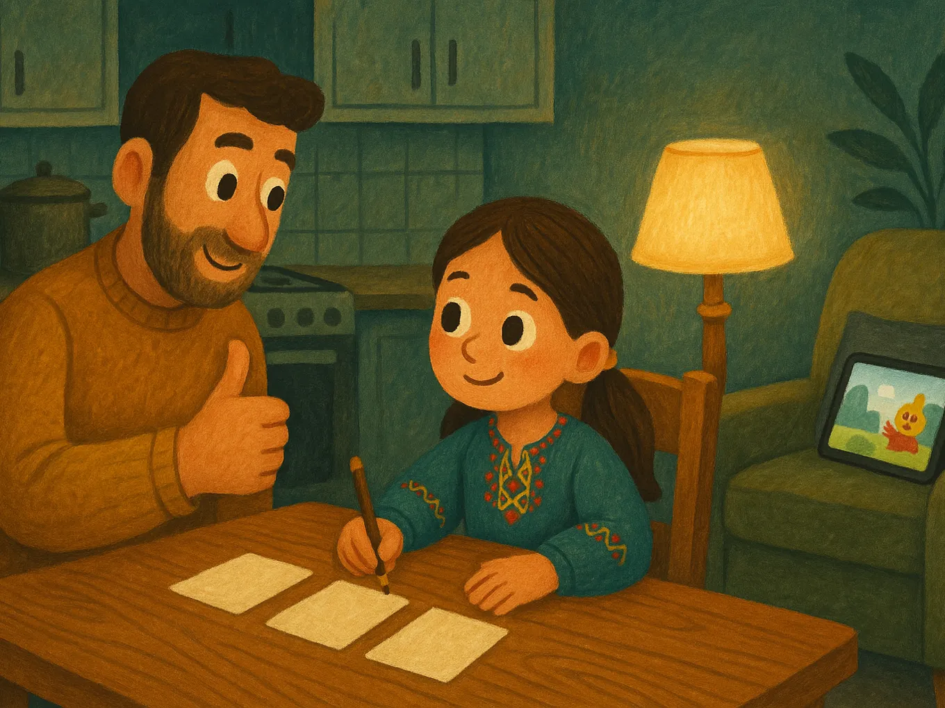 A girl at the kitchen table finishing a lesson with flashcards while her dad gives a thumbs-up, with a tablet waiting nearby
