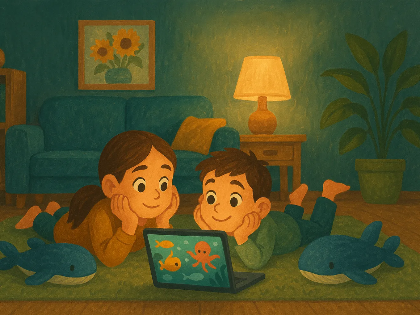 A brother and sister lying on a rug watching an underwater adventure cartoon in English on a laptop