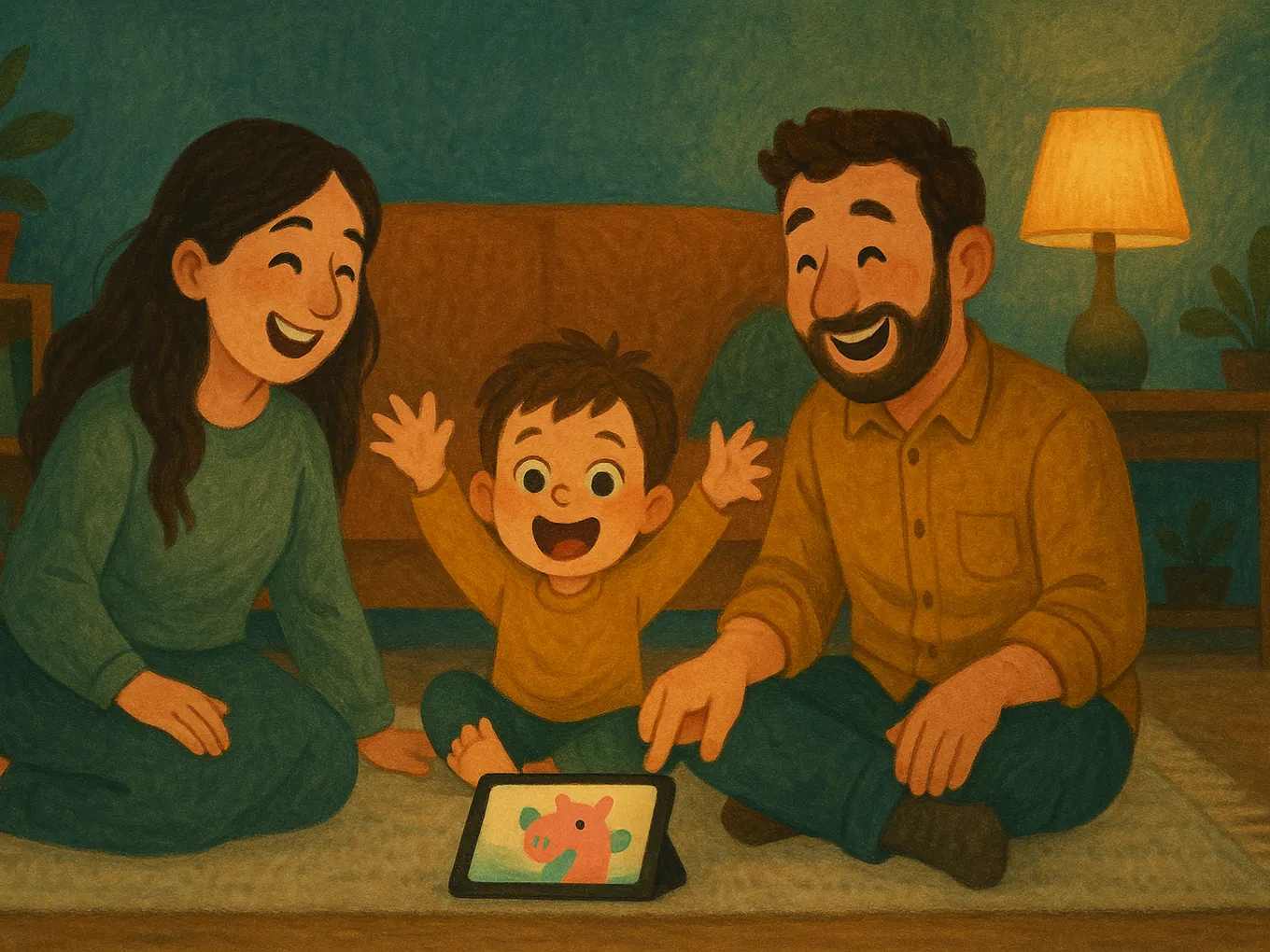 A boy watching a short cartoon episode in English on a tablet with his mom and dad, repeating a phrase