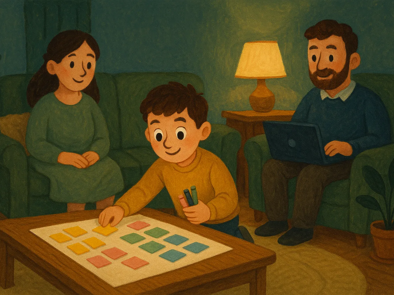A boy sorting colorful sticky notes into groups on a large sheet of paper