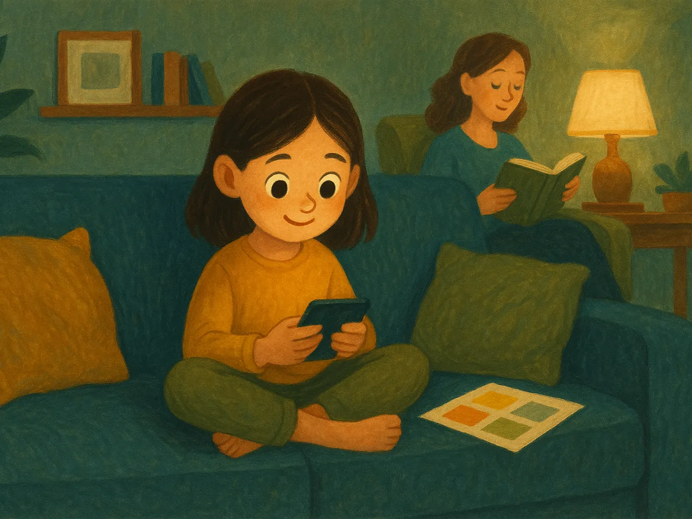 A girl doing an English lesson on an iPhone, with a sheet of grouped verbs beside her