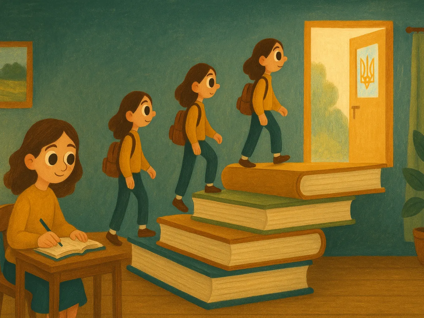 Дівчинка піднімається сходами з великих книжок до відчинених дверей, з кожною сходинкою стаючи старшою