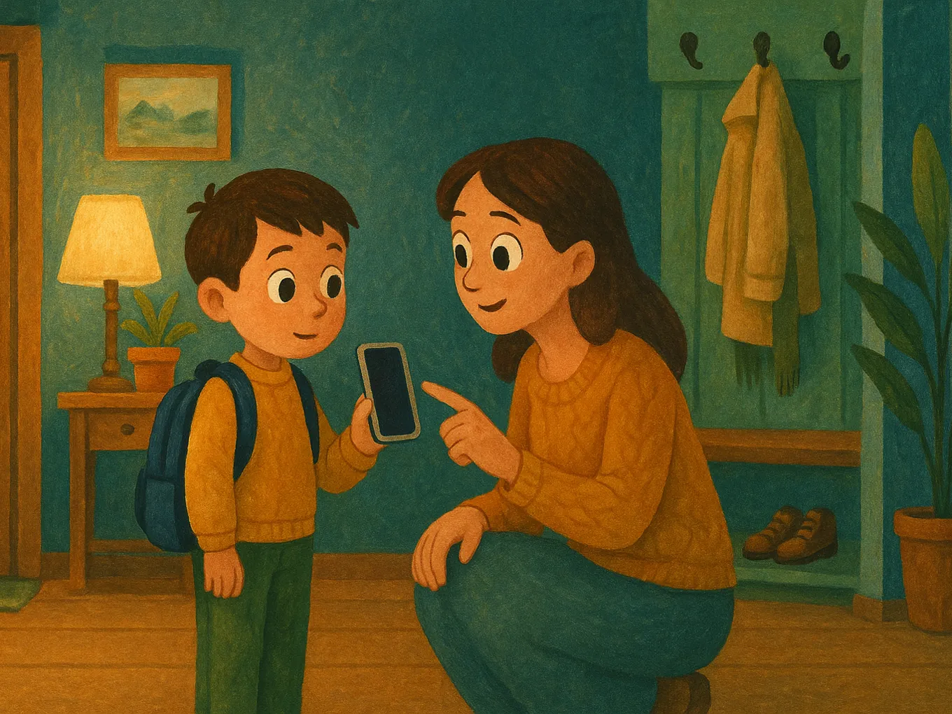 A mom crouches beside her son with a backpack and shows him a phone