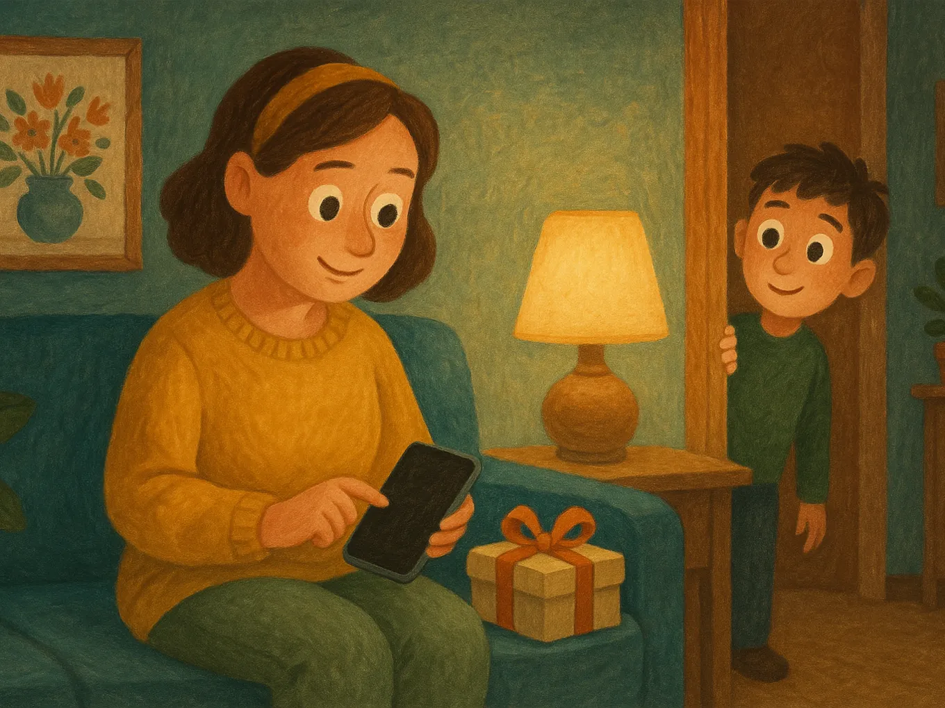 A mom sets up a new phone in the evening, a gift box beside her, while her son peeks from behind the door