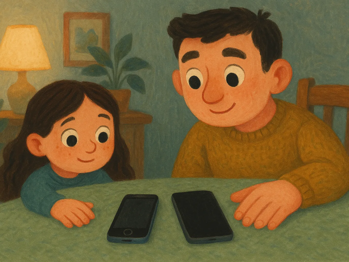 A father and daughter compare two phones on a table