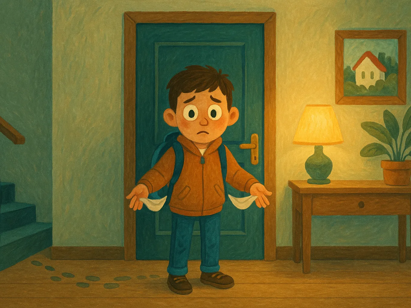 A boy with a backpack is standing at a locked door, turning out his empty pockets