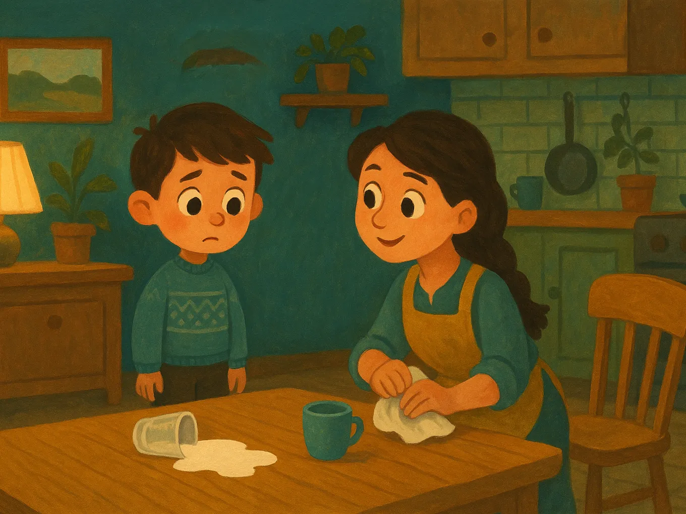 A boy is looking guiltily at a knocked-over glass and a puddle of milk while his mother wipes the table