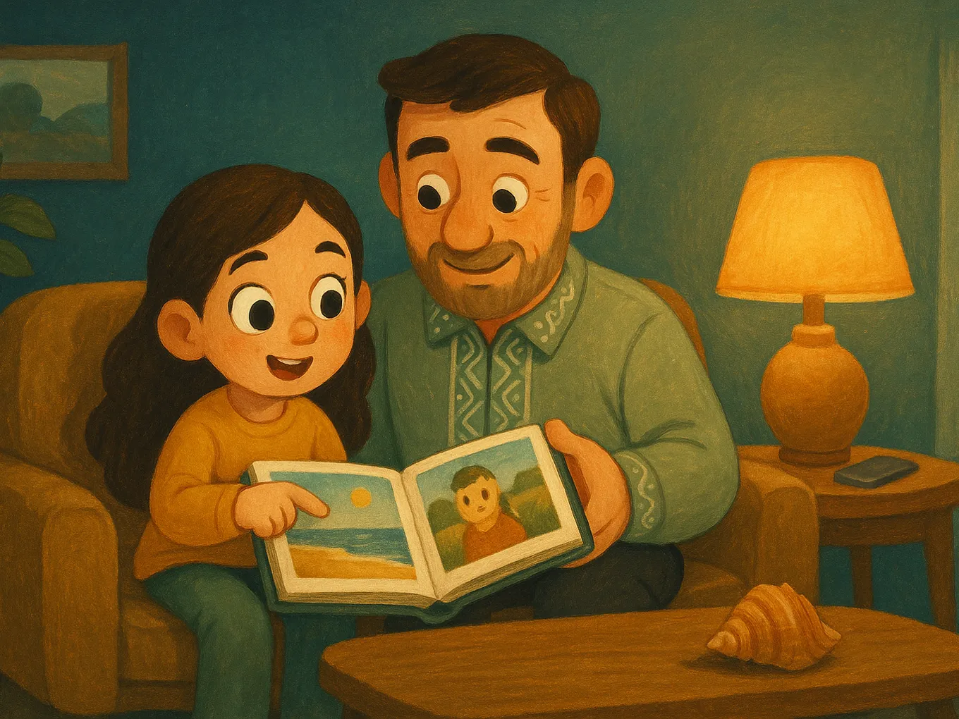 A dad and daughter on the couch are looking through a photo album, and the girl is pointing at a picture of the sea