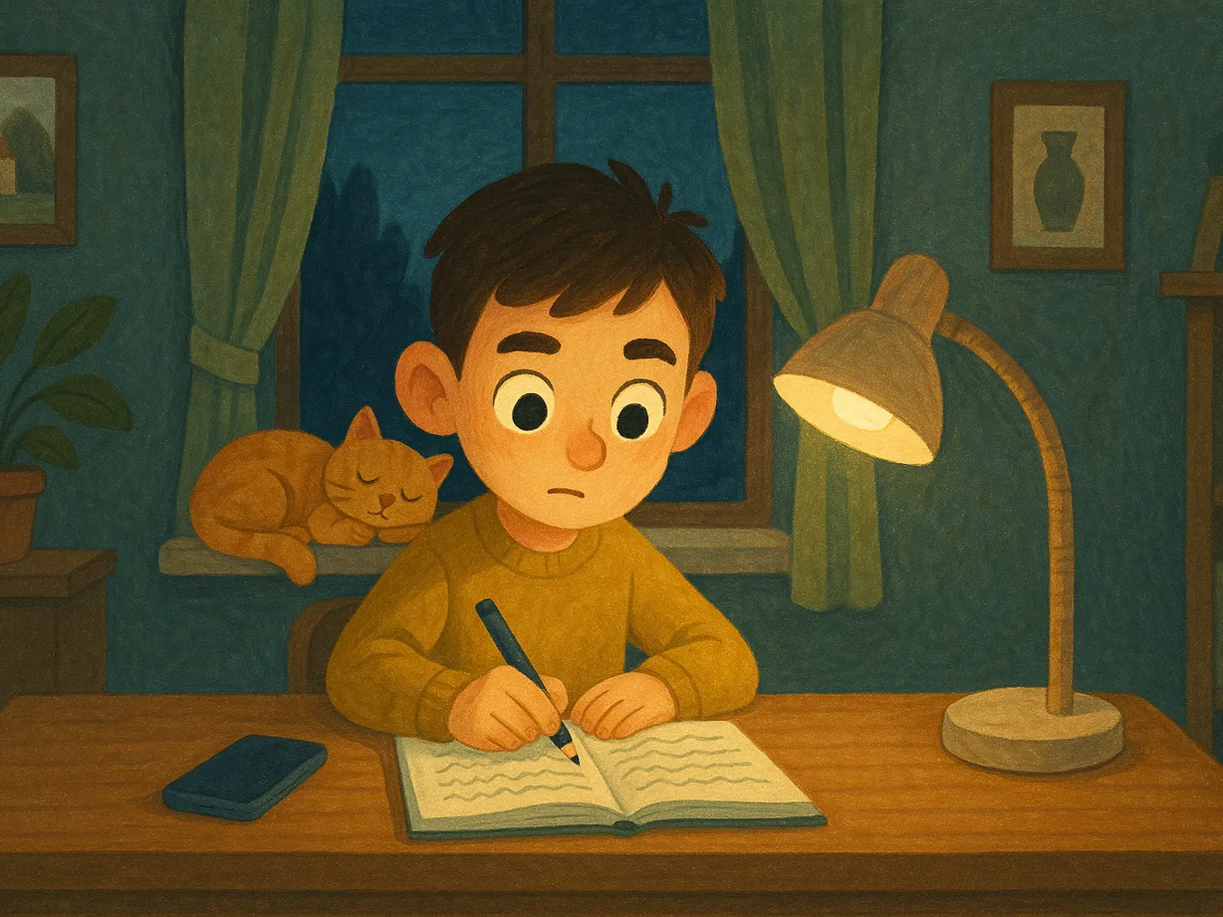 A boy writes exercises in a notebook, with a phone lying nearby face down