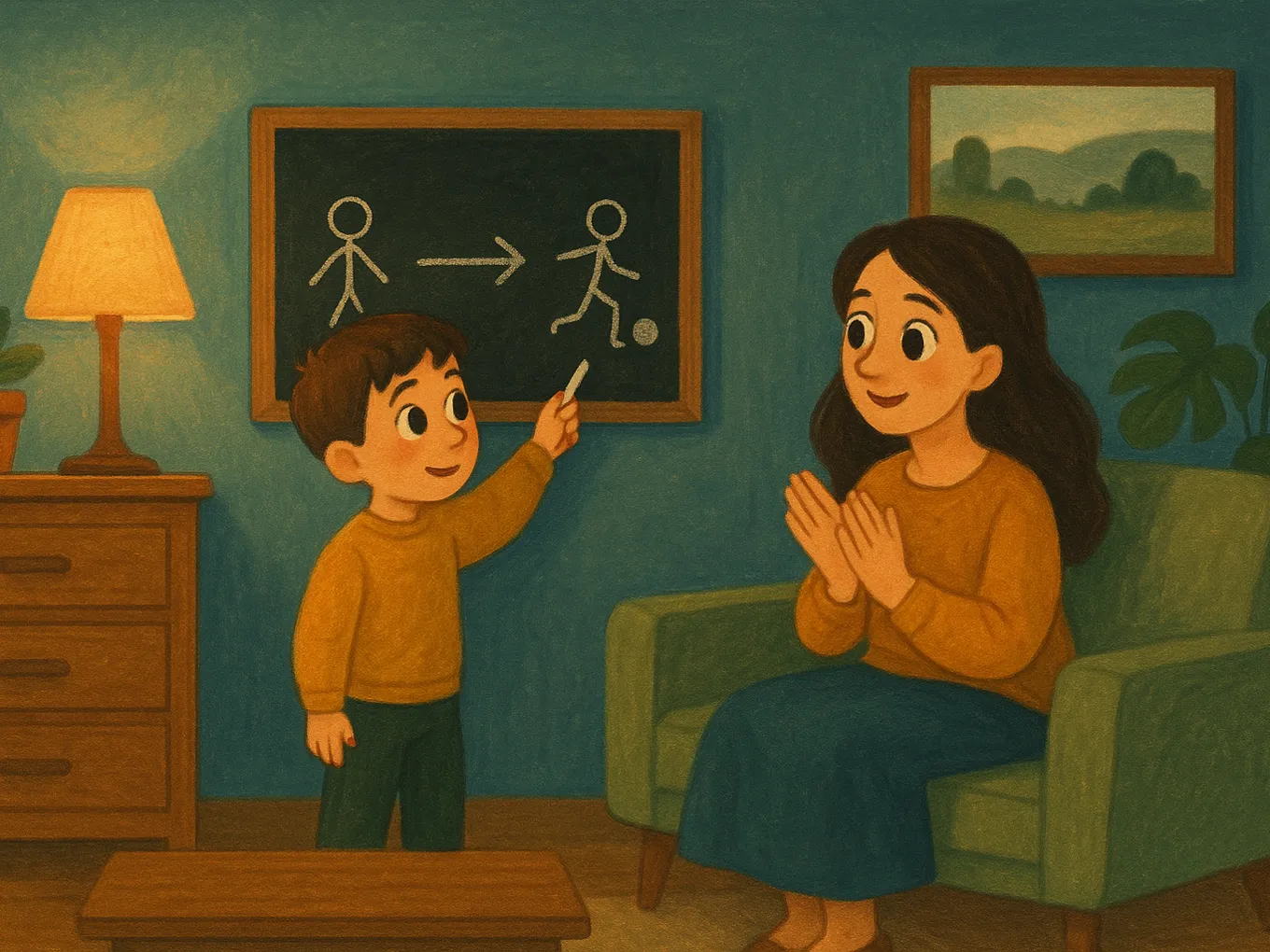 A boy points at a board with a diagram: person, arrow, person with a ball