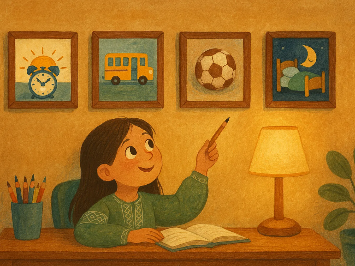 A girl at the table points with a pencil at pictures of her daily routine