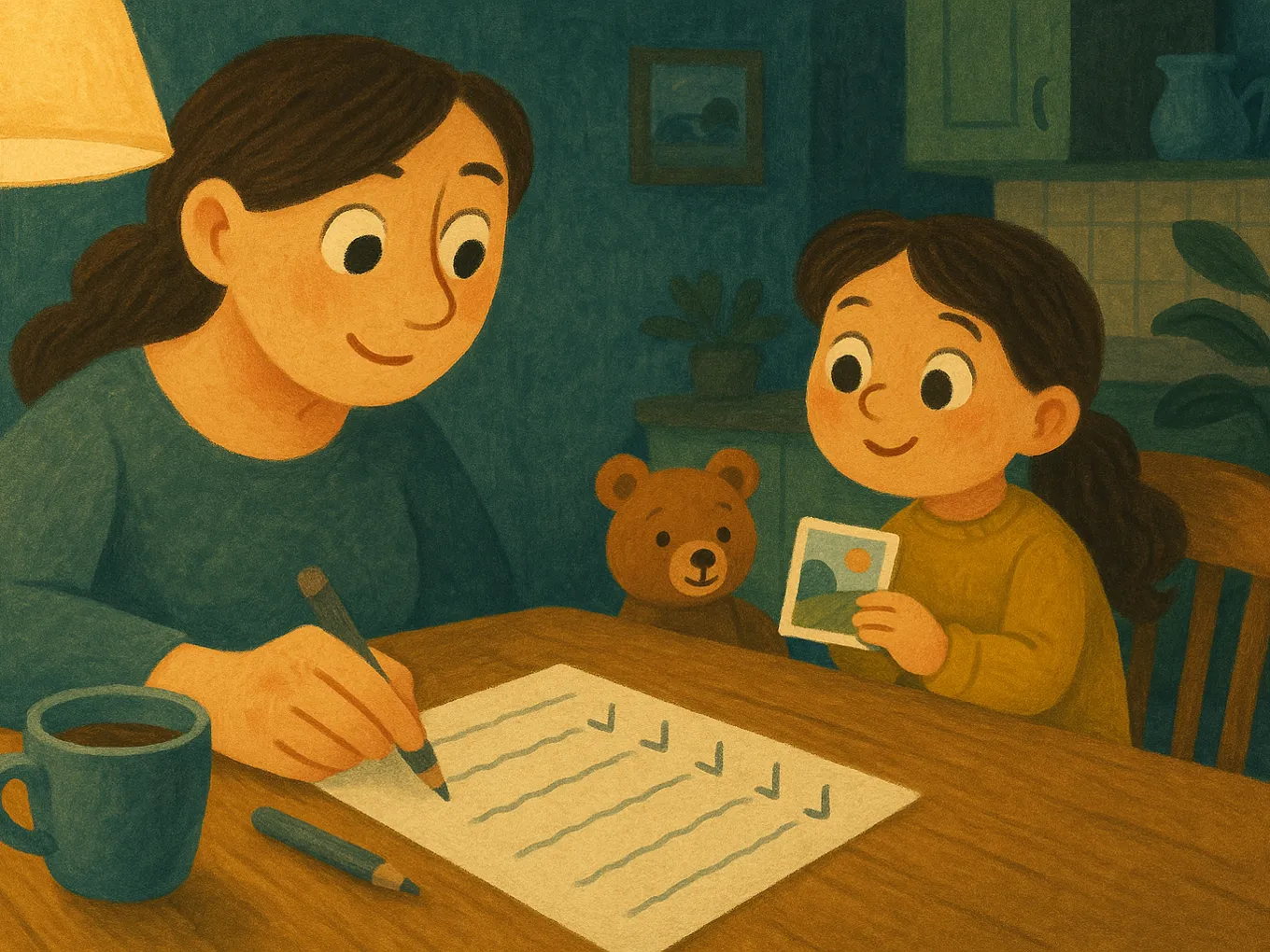A mother at the kitchen table ticks boxes on a checklist with a pencil while her daughter shows a card to a teddy bear