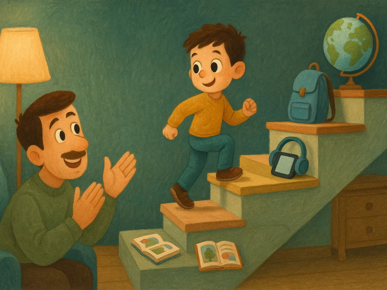 A boy climbing stairs, with a book, headphones, and a backpack on each step, and a globe at the top; dad is cheering him on