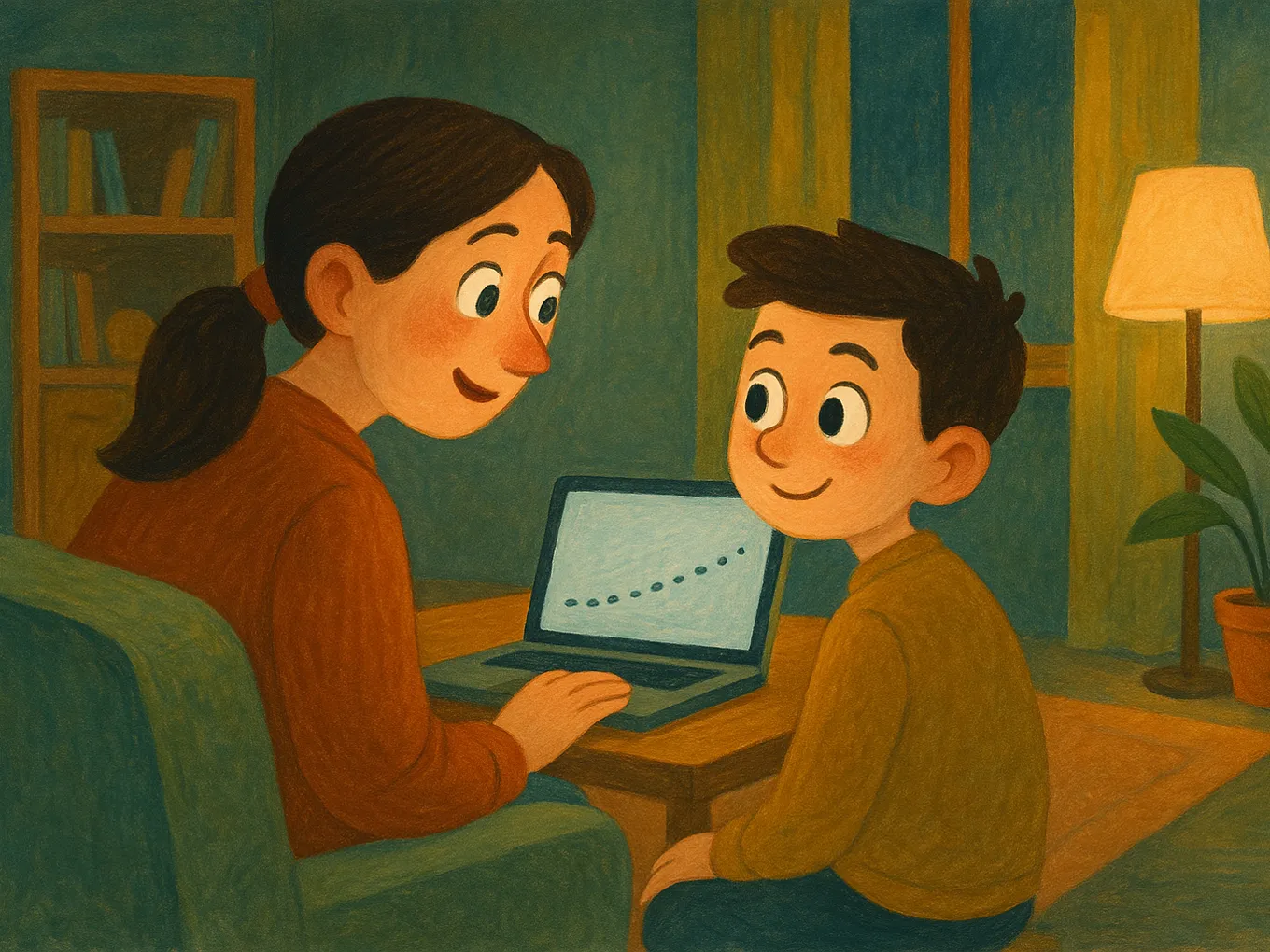 A mother and son on a couch looking at a laptop with a dotted line slowly rising upward on the screen