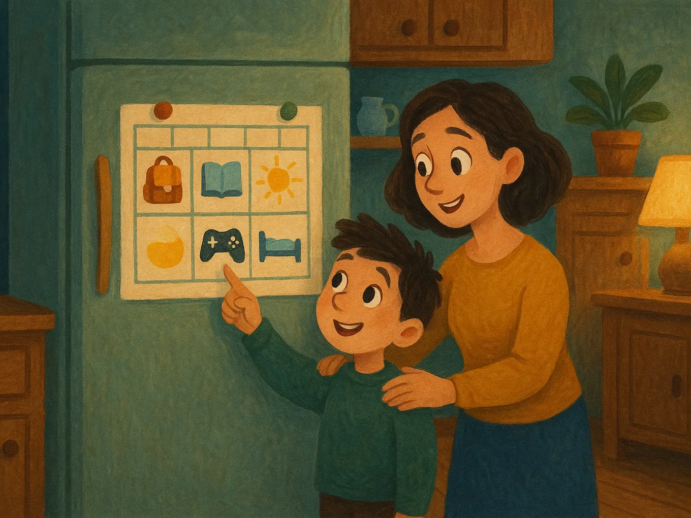 A boy with his mom near a daily schedule with pictures on the fridge