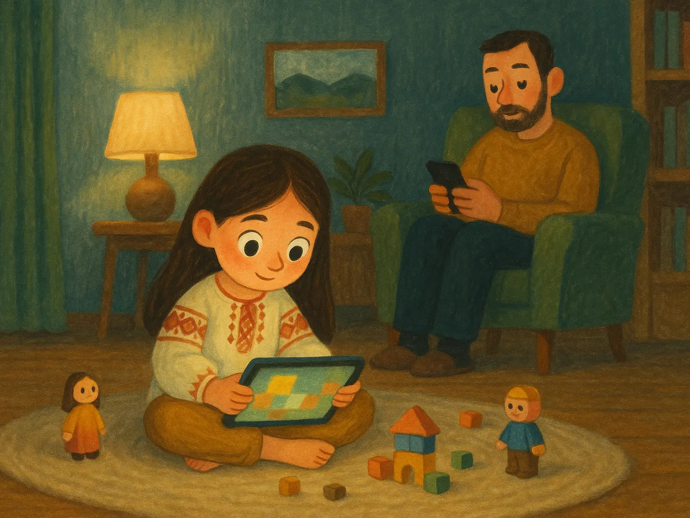A girl plays on a tablet on a rug, her dad sits in an armchair behind her