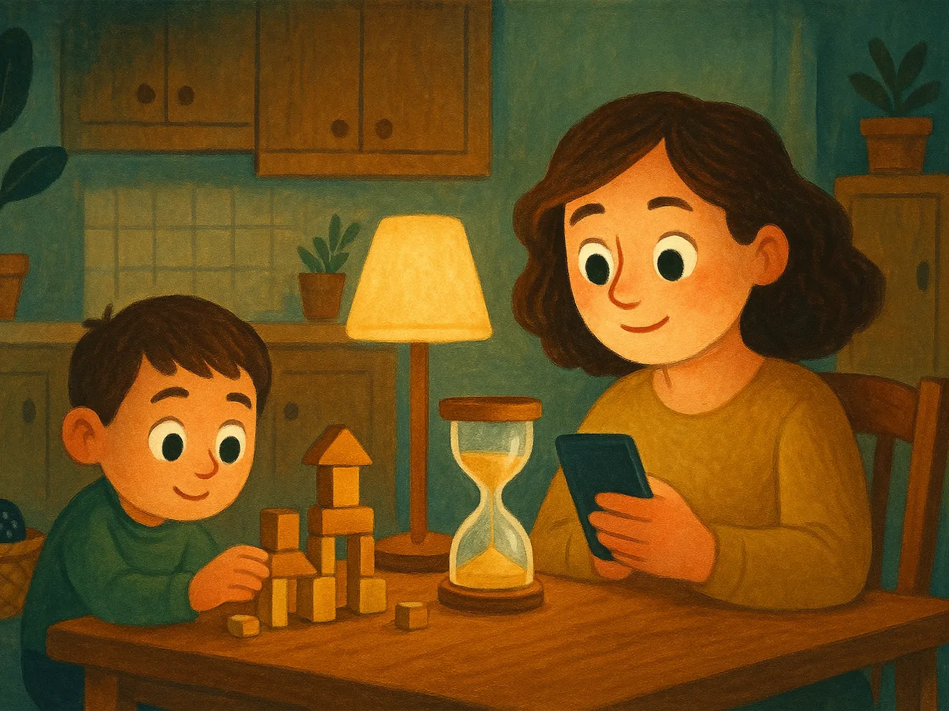A mom sets a limit on her phone, with an hourglass and her son with building blocks nearby