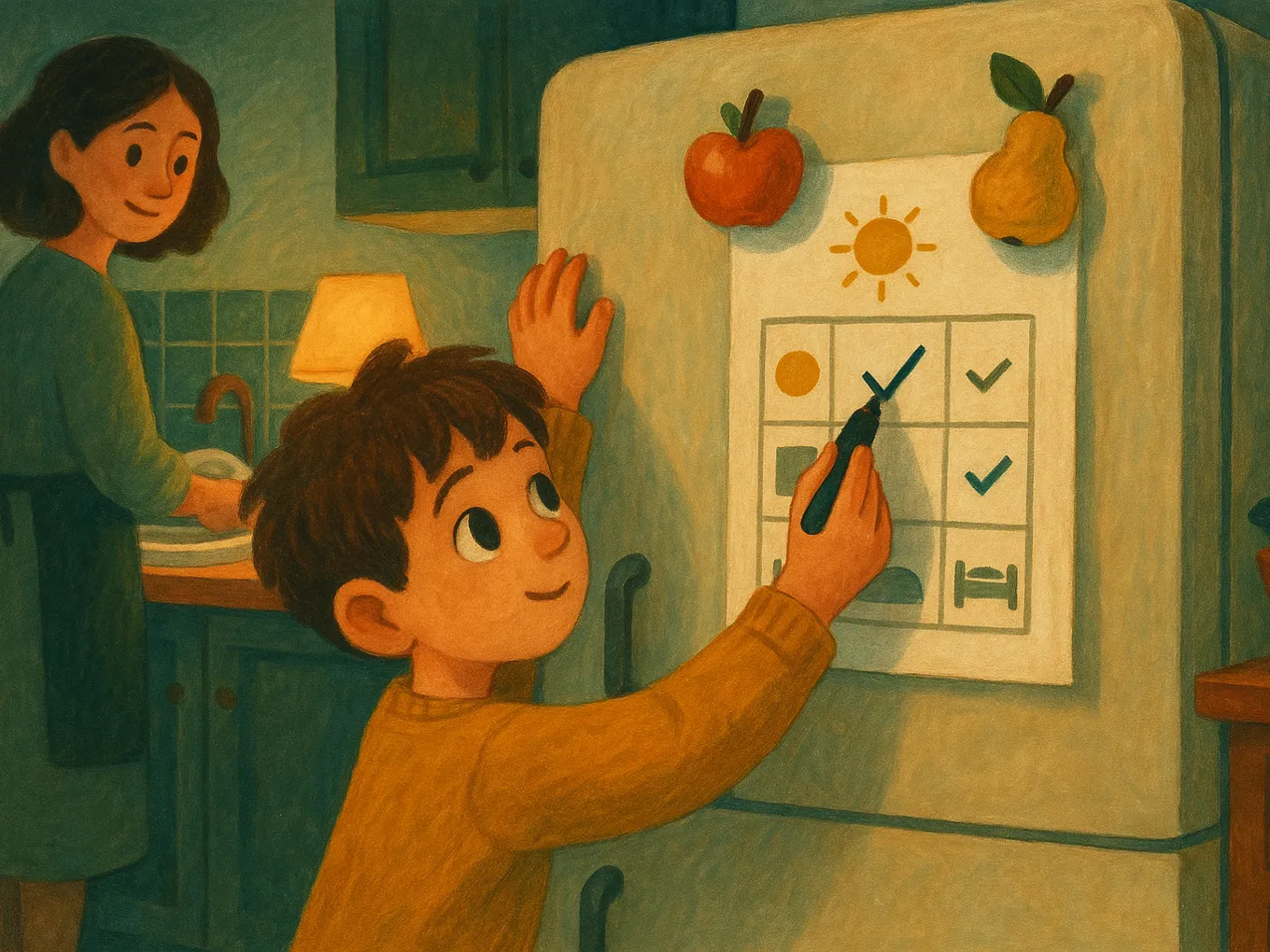 A boy checks off the daily routine posted on the refrigerator door