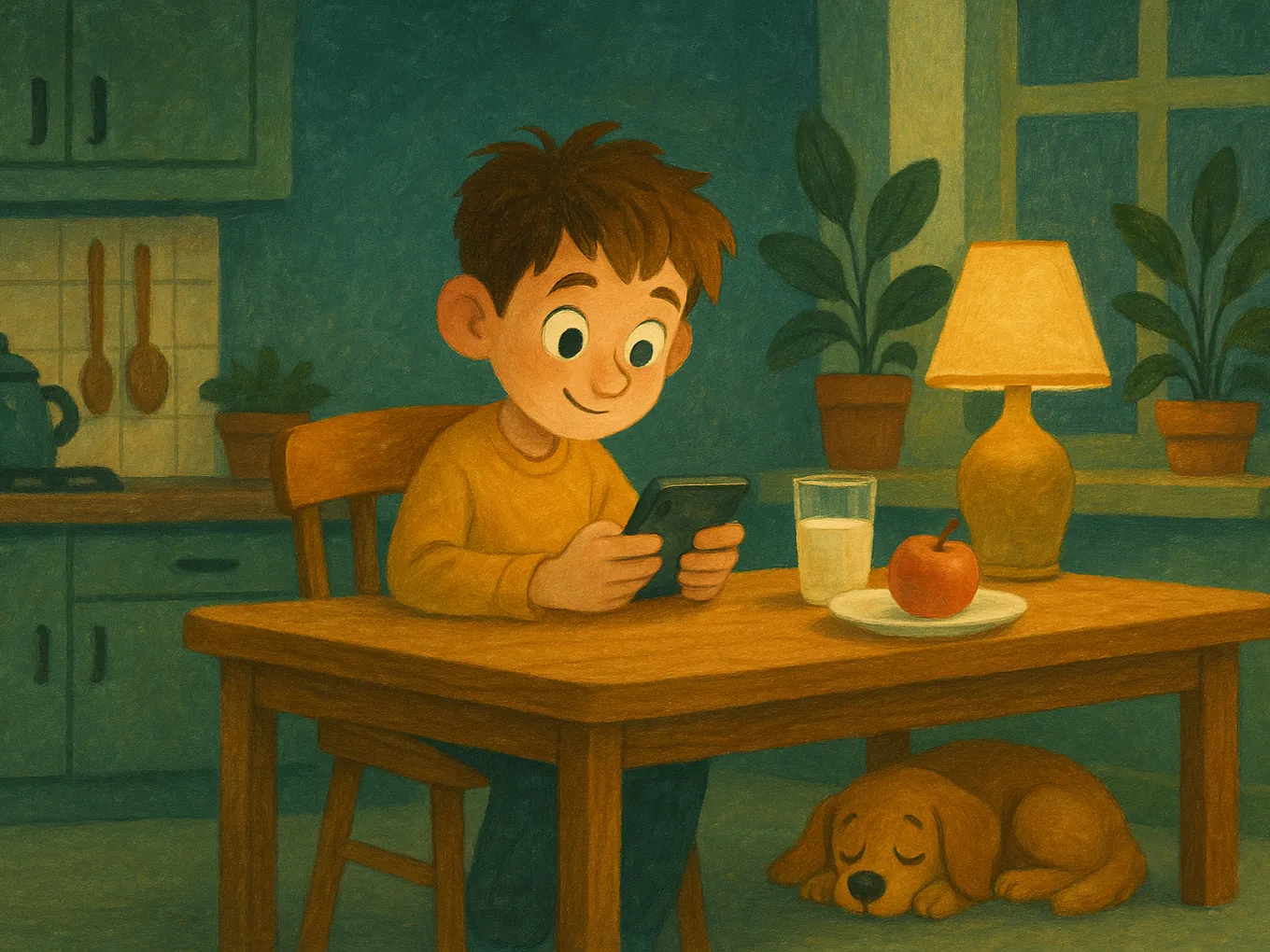 A boy doing an English lesson on his phone at the kitchen table after school