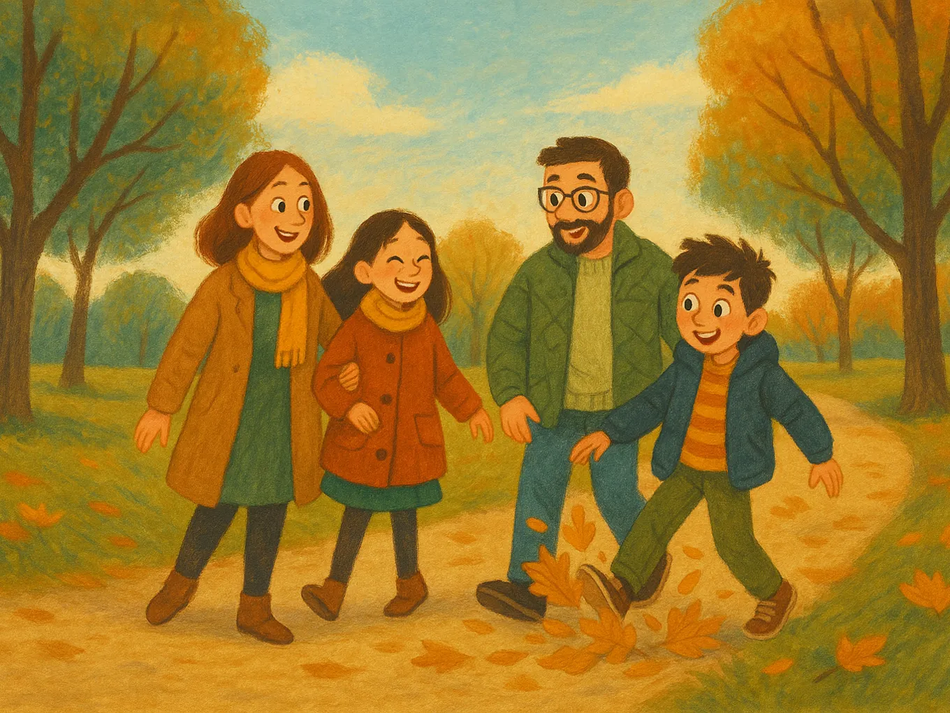 A family with two children walking through an autumn park without phones