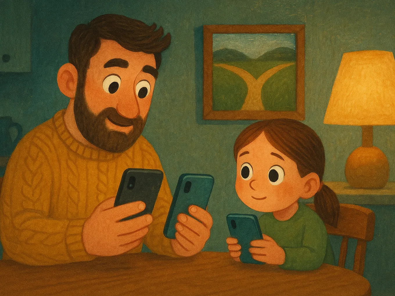 A father and daughter at the kitchen table comparing two smartphones