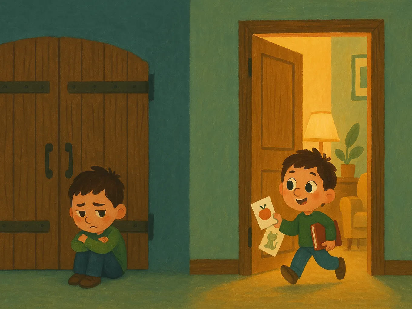 On the left, a sad boy stands by a locked gate; on the right, he happily walks through open doors with cards