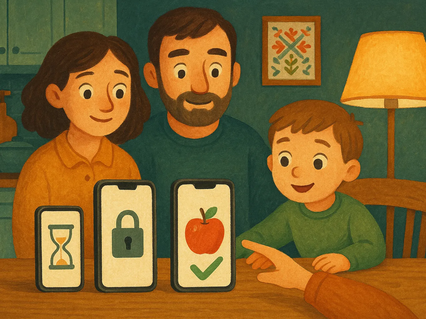 Three smartphones on a table: an hourglass, a lock, and a lesson with a checkmark
