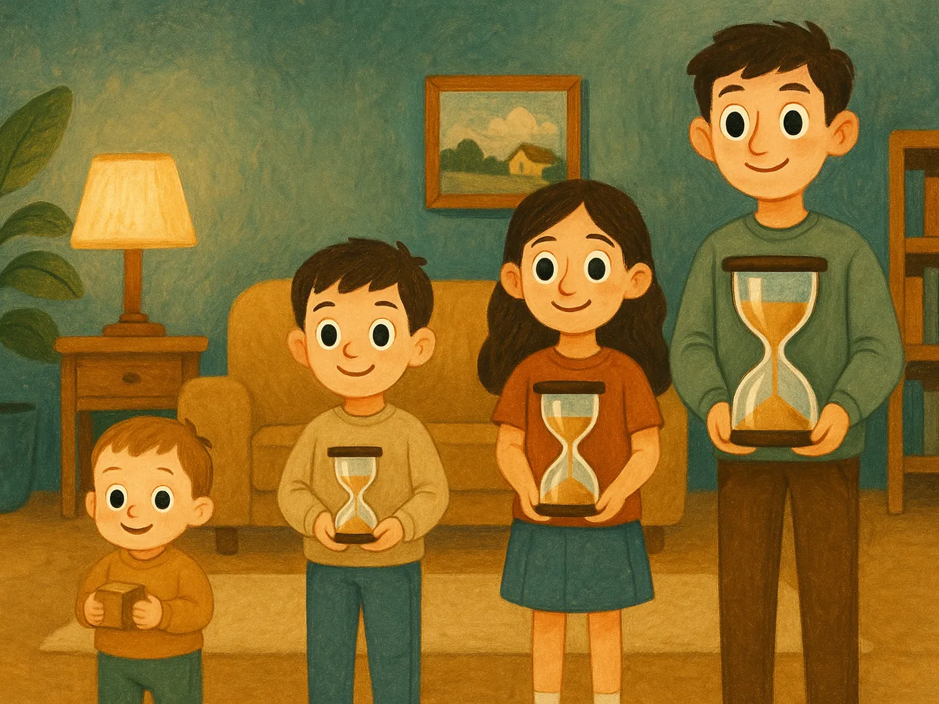 Four children of different ages standing in a row: a toddler with a block and three older kids with increasingly larger hourglasses