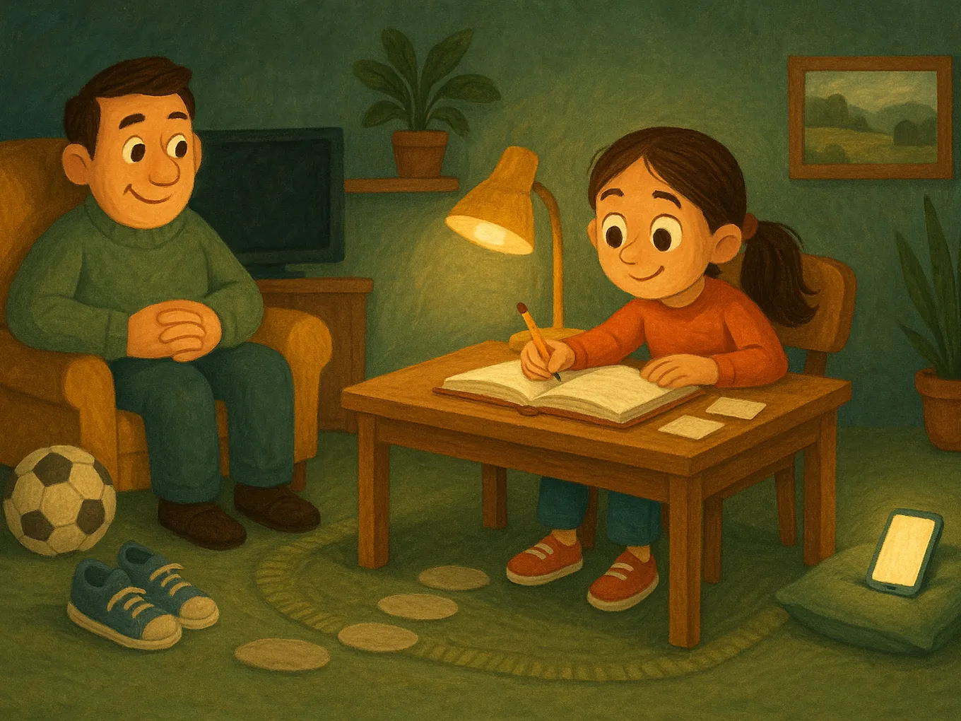 A girl is doing homework at a desk, with a ball and sneakers waiting nearby, while a phone lies on a cushion as a reward; her dad is smiling from an armchair