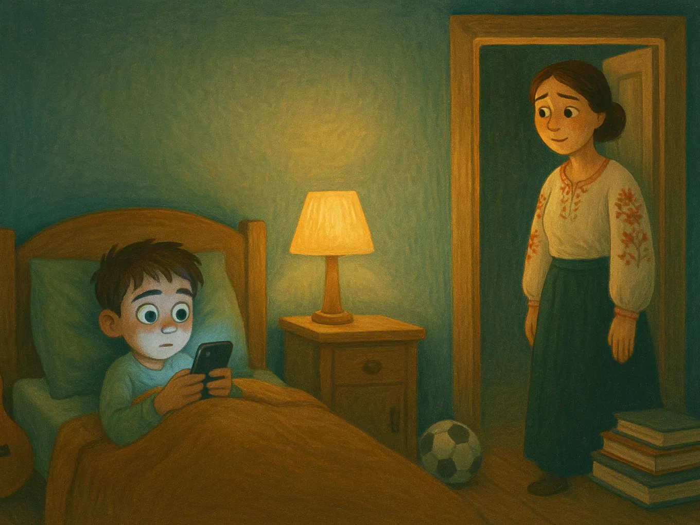 A tired boy looks at his phone late at night in bed; a guitar, ball, and books are forgotten in the corner, while his mother stands in the doorway