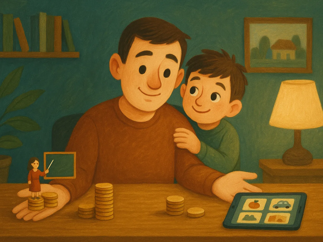 Dad at a table with coins: a teacher figurine stands by a board on his palm, a tablet with flashcards nearby, his son hugging his shoulder