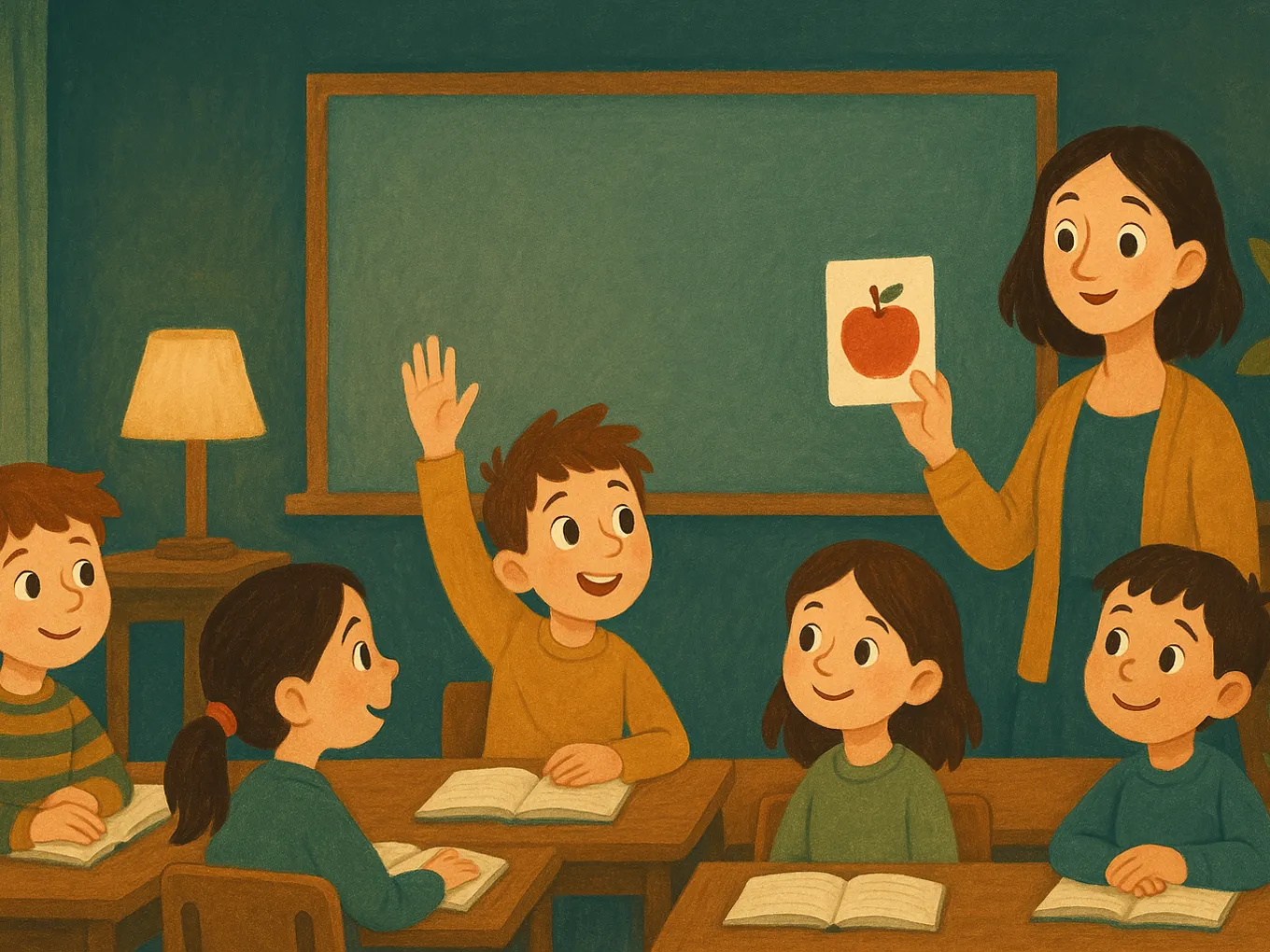 Children in a group English class, a teacher by the board showing a card with an apple