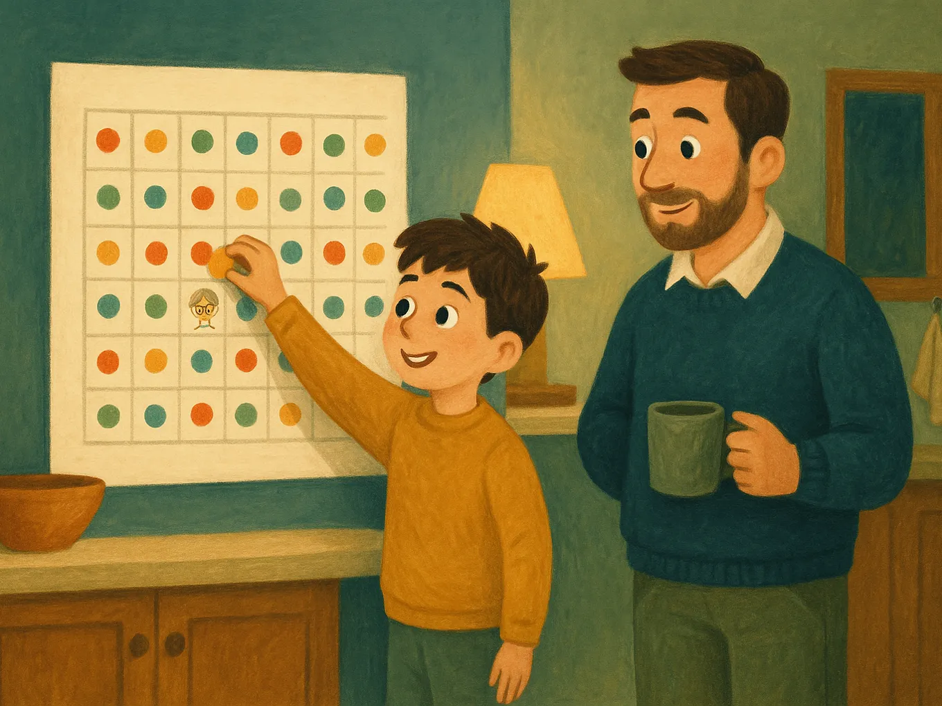 A boy sticks a sticker onto a paper calendar in the kitchen, while his dad watches proudly with a cup in hand